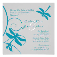 Silver and Aqua Blue Dragonfly Wedding Invitation