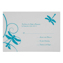 Silver and Aqua Blue Dragonfly Wedding RSVP Invite