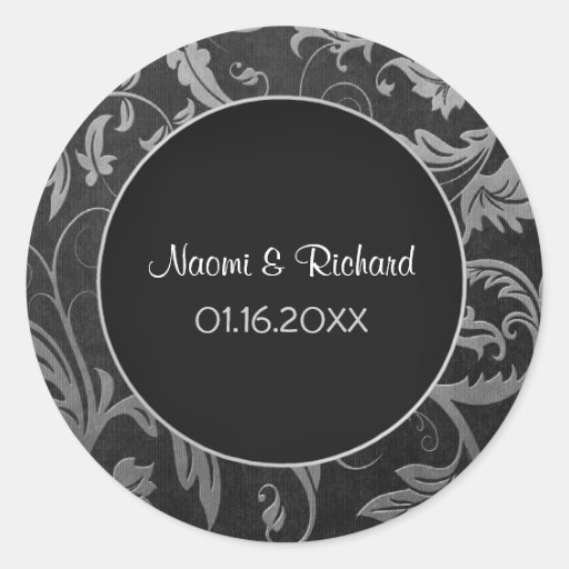 Silver and Black Damask Wedding Seal - Customise Round Sticker