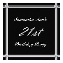 Silver and Diamond on Black, 21st Birthday Party Custom Invite