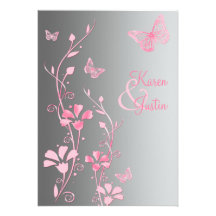 Silver and Pink Butterflies on Linen Invitation