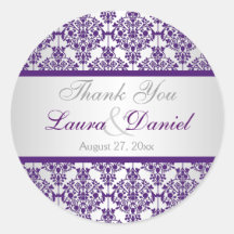 Silver and Purple Damask 1.5" Thank You Sticker