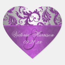 Silver and Purple Damask II Heart Shaped Sticker