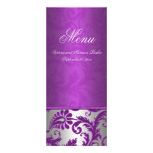 Silver and Purple Damask II Wedding Menu Card Personalised Invitation