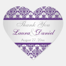 Silver and Purple Damask Wedding Favour Sticker