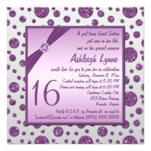 Silver and Purple Glitter Polka Dot Sweet Sixteen Custom Invitation