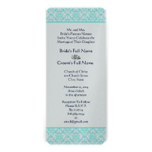 Silver Aqua Navy Blue Damask Wedding Invitation