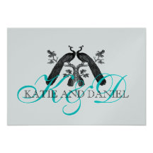 Silver Aqua Peacock Wedding RSVP Card Personalised Invitations
