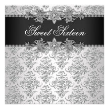 Silver Black Damask Black White Sweet 16 Birthday Personalised Announcement