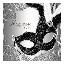 Silver Black Mask Masquerade Party Personalised Invitations
