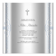 Silver Blue Baby Boy Christening Custom Invitations