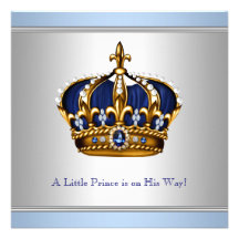 Silver Blue Crown Prince Baby Boy Shower Personalized Invite