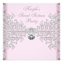 Silver Diamonds Pink Sweet 16 Birthday Party Custom Invites
