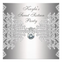 Silver Diamonds White Sweet Sixteen Birthday Party Personalised Announcements