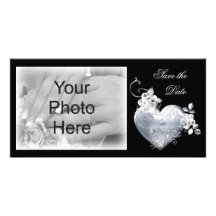 Silver Filigree Heart & White Roses Personalized Photo Card