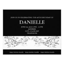 Silver Floral on Black Background Invitations