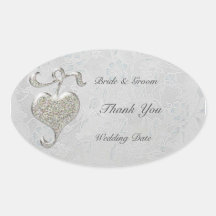 Silver Heart  Wedding Oval Sticker