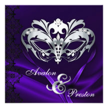 Silver Masquerade Purple Jewelled Wedding Invite