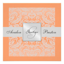 Silver & Peach Monogram Damask Border Invitation