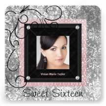 Silver Pink Black Damask Photo Sweet 16 Party Personalised Invitations