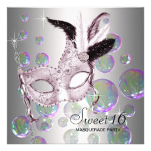 Silver Pink Bubbles Sweet Sixteen Masquerade Party Custom Invites