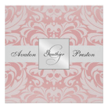 Silver & Pink Monogram Damask Wedding Invitation