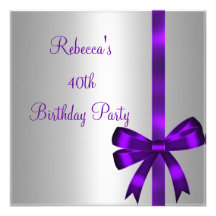 Silver Purple Bow 40th Elegant Birthday Party Personalized Announcements