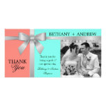 Silver Ribbon Aqua Coral Pink Wedding Thank You Personalized Photo Card