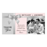 Silver Ribbon Gray Pink Wedding Thank You Photo Greeting Card