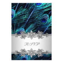 Silver Royal Blue Peacock Wedding RSVP Personalised Invite