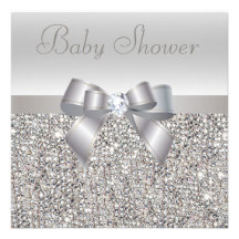 Silver Sequins, Bow & Diamond Baby Shower Custom Invitation