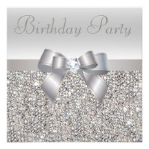 Silver Sequins, Bow & Diamond Birthday Party Personalized Announcement