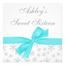 Silver Snowflakes Teal Bow Sweet 16 Invitations