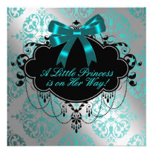 Silver Teal Blue Black Princess Baby Girl Shower Custom Announcements