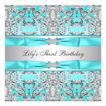 Silver Teal Blue Girls Birthday Party Invitation