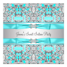 Silver Teal Blue Sweet Sixteen Party Invite