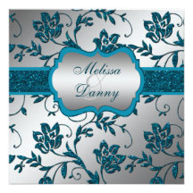 Silver Teal FAUX Glitter Floral Engagement Party Invite