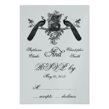 Silver Wedding RSVP Card Vintage Monogram Peacocks Personalized Invitation