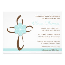 Simple Contemporary Cross with Blue Flower Personalised Invites