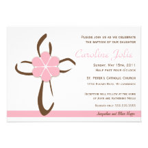 Simple Contemporary Cross with Pink Flower Custom Invite