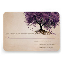 Simply Peachy Purple Heart Leaf Tree Wedding RSVP Invites