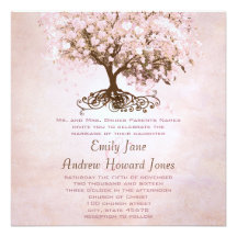 Simply Pink Heart Leaf Tree Love Bird Wedding Invitation