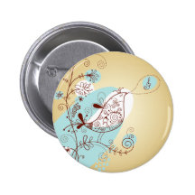Singing Bird with Floral Pinback Button