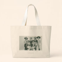 Six cowgirls in hats and sashes. bags