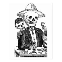 Skeleton Drinking Tequila and Smoking, Mexico Post Card