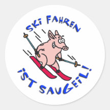 skiing pig runde sticker