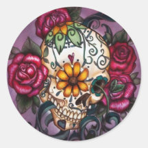 Skull & flowers round sticker