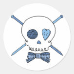 Skull & Knitting Needles (Blue) Round Stickers