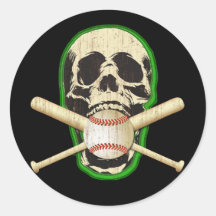 SKULL WITH BASEBALL AND BATS ROUND STICKERS