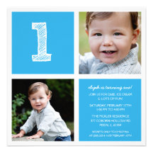 Sky Blue Room for Squares 1st Birthday Party Photo Personalised Announcements